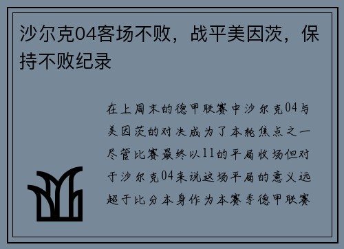 沙尔克04客场不败，战平美因茨，保持不败纪录