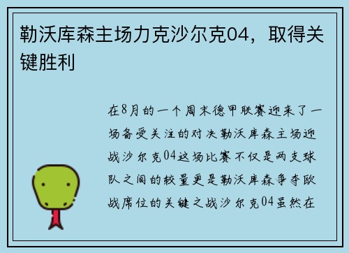 勒沃库森主场力克沙尔克04，取得关键胜利