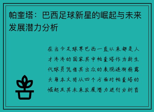 帕奎塔：巴西足球新星的崛起与未来发展潜力分析
