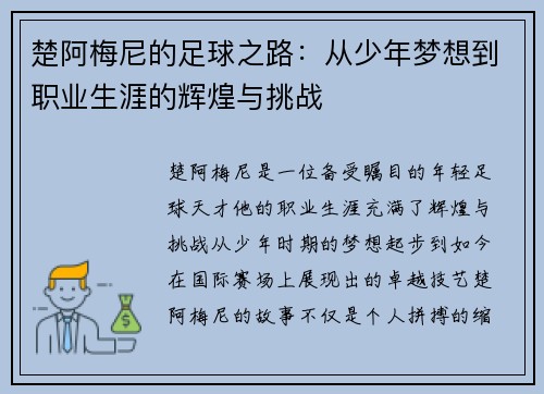 楚阿梅尼的足球之路：从少年梦想到职业生涯的辉煌与挑战