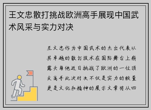 王文忠散打挑战欧洲高手展现中国武术风采与实力对决