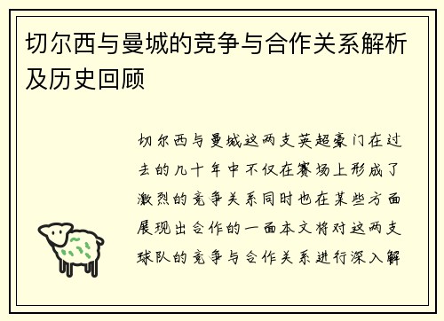 切尔西与曼城的竞争与合作关系解析及历史回顾