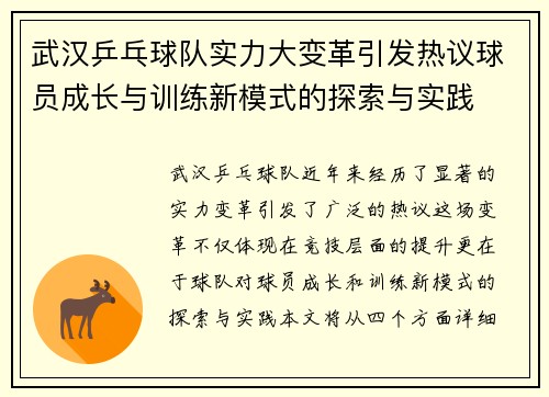 武汉乒乓球队实力大变革引发热议球员成长与训练新模式的探索与实践