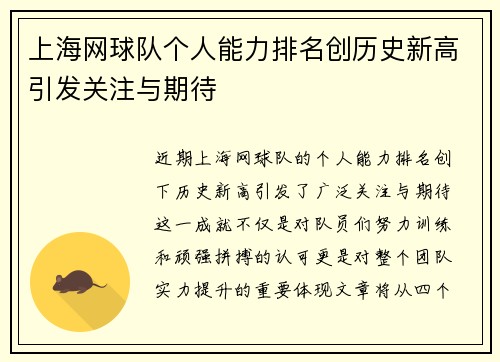 上海网球队个人能力排名创历史新高引发关注与期待