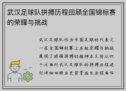 武汉足球队拼搏历程回顾全国锦标赛的荣耀与挑战