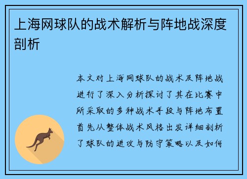 上海网球队的战术解析与阵地战深度剖析