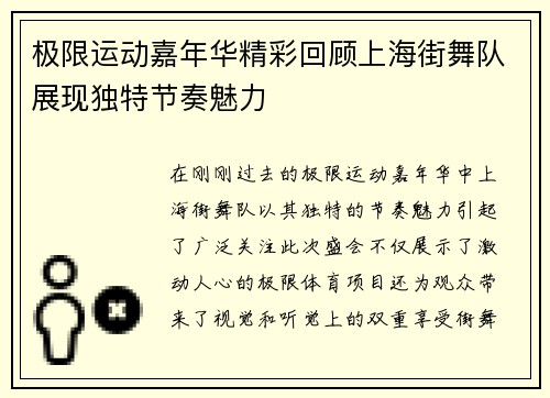 极限运动嘉年华精彩回顾上海街舞队展现独特节奏魅力